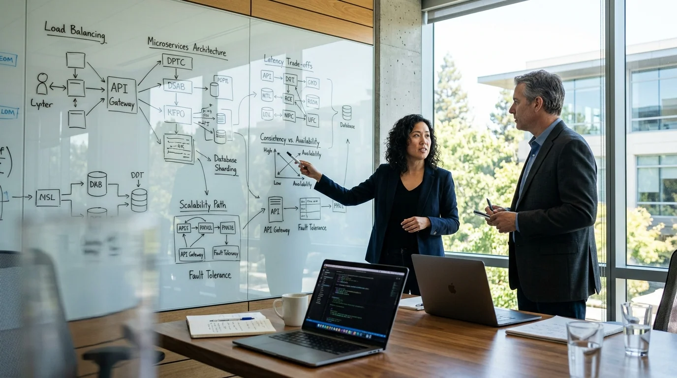 Engineering leadership and enterprise CTO evaluating distributed systems architecture and TCO trade-offs on glass whiteboard in Silicon Valley boardroom
