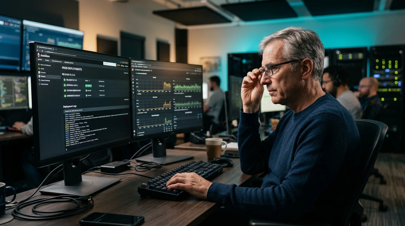 Systems reliability architect reviewing live production deployment approval gates and transaction telemetry at mission-critical operations console