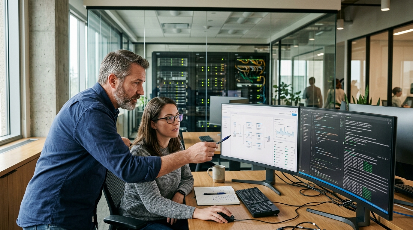 Enterprise systems architect and data engineer analyzing production deployment logs, error telemetry, and data pipeline schemas on dual monitors