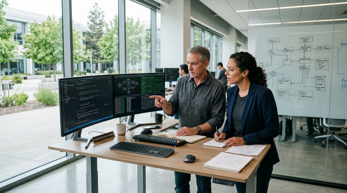 Senior forward deployed engineer and client technical lead collaborating on production code review and architecture at standing workstation