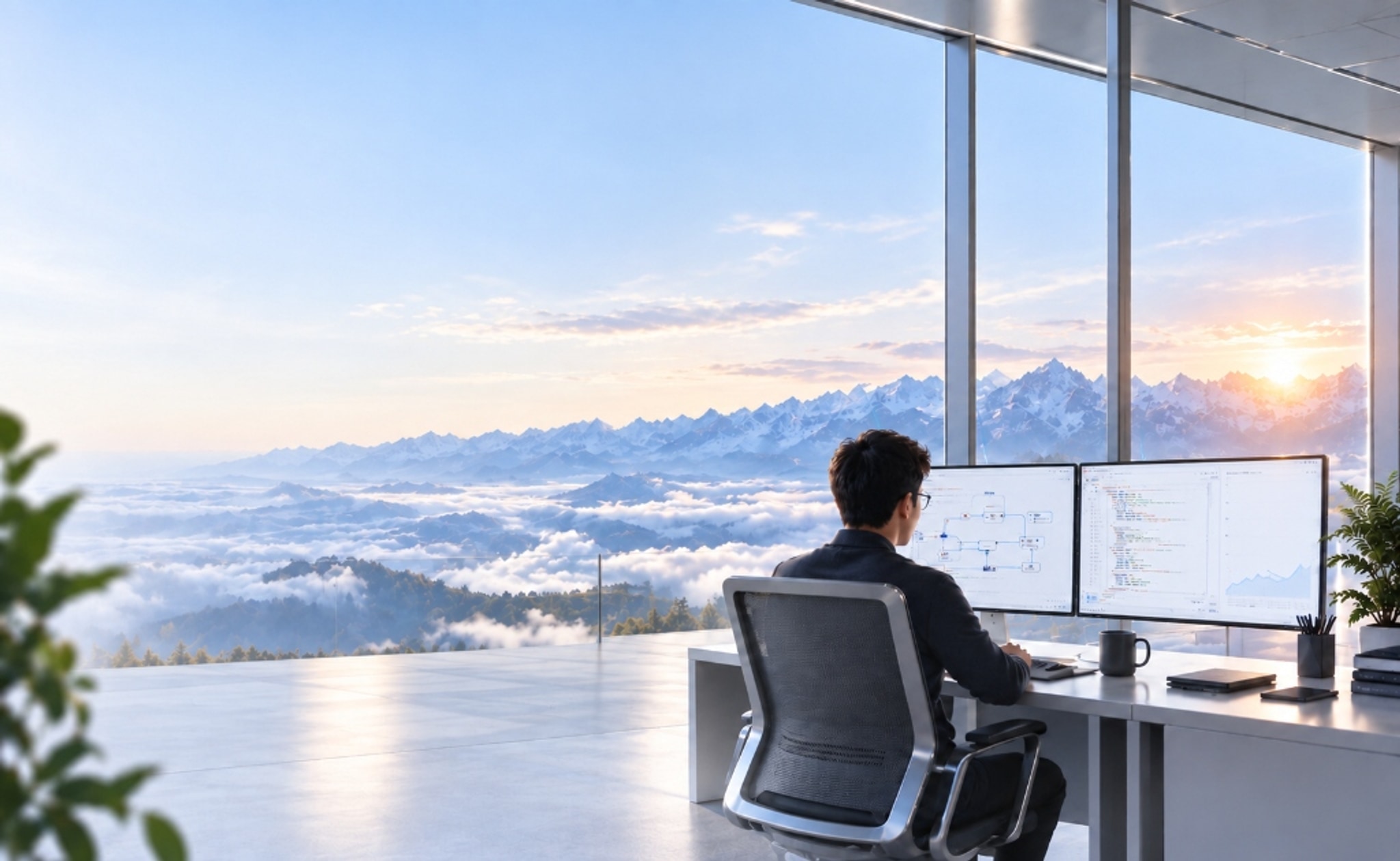 Forward Deployed Engineer Executive Workstation overlooking Alpine Sunrise
